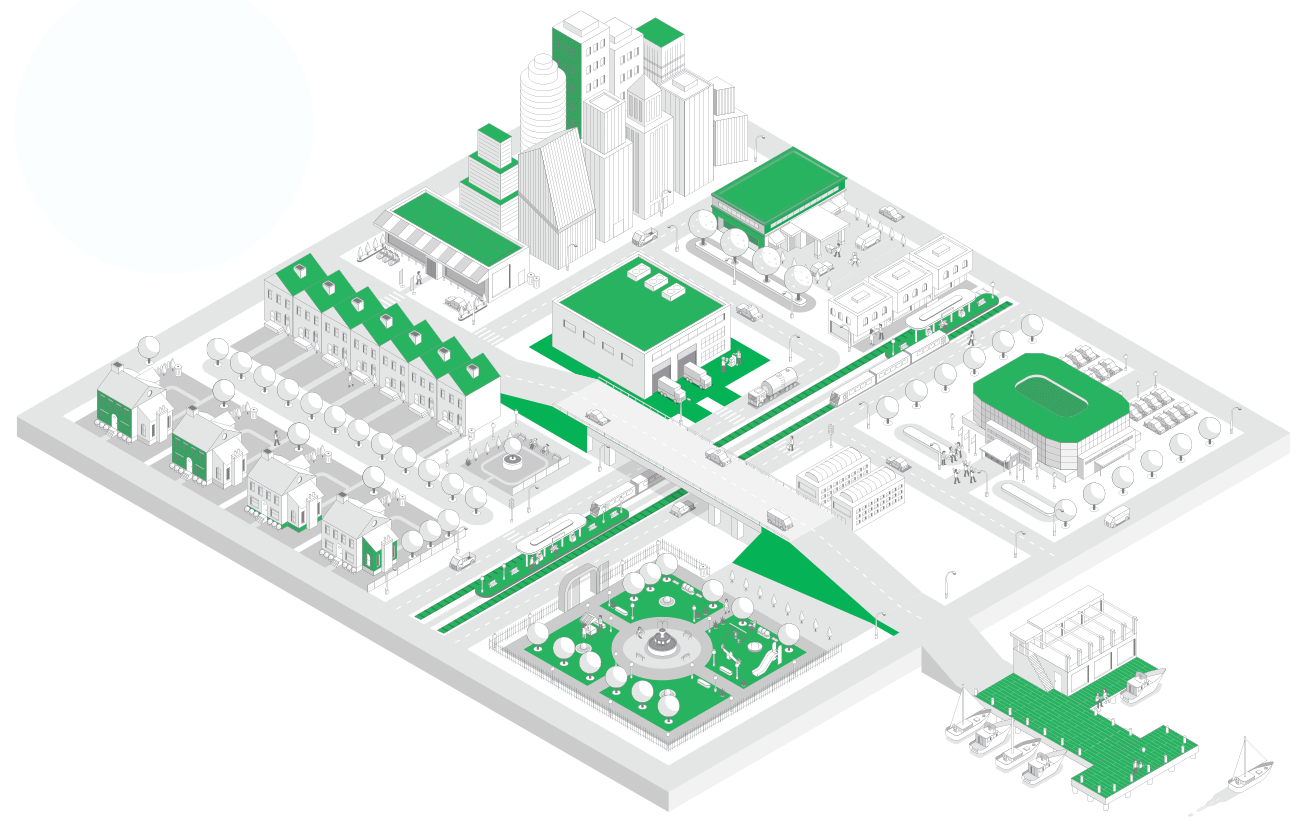 Our products in use shown in line drawing of city