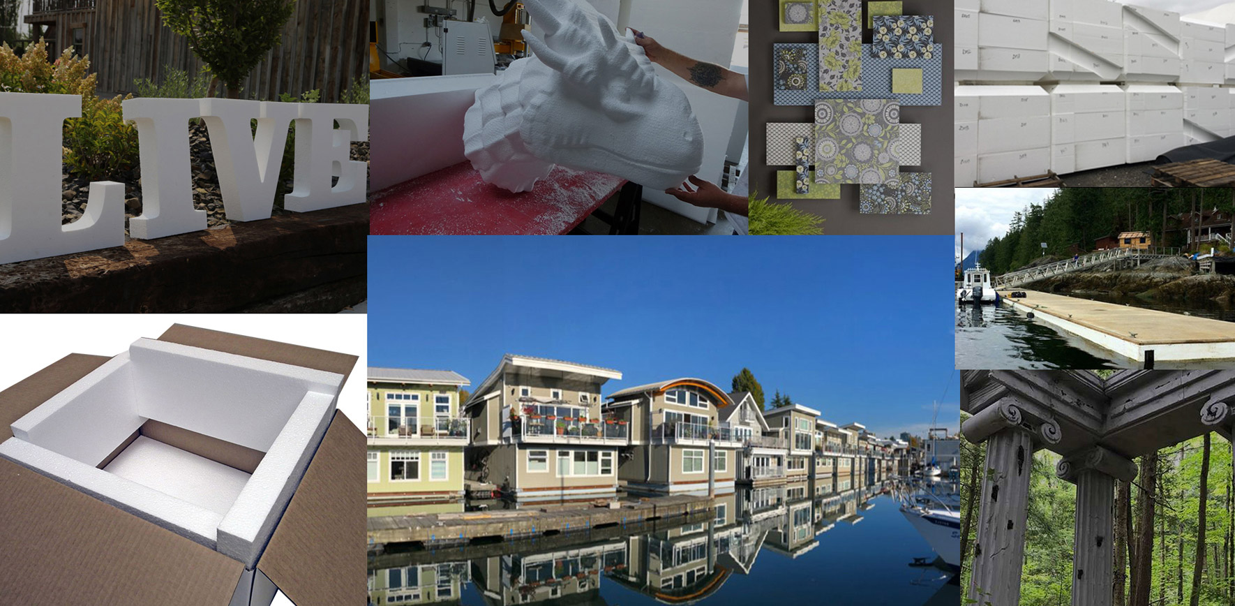 Our Custom Solutions demonstrated as a LIVE sign, floating homes, a dragon head prop, packaging, and roman columns.