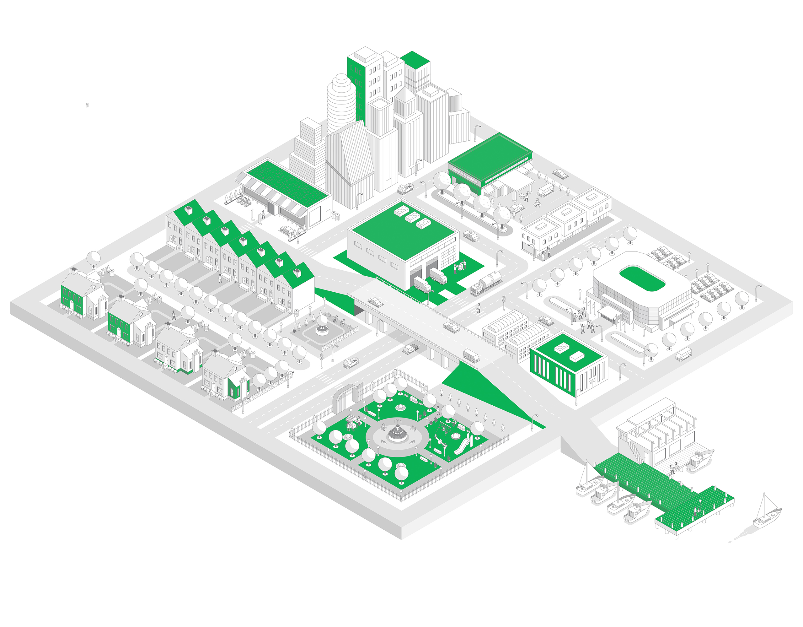 Our products in use shown in line drawing of city