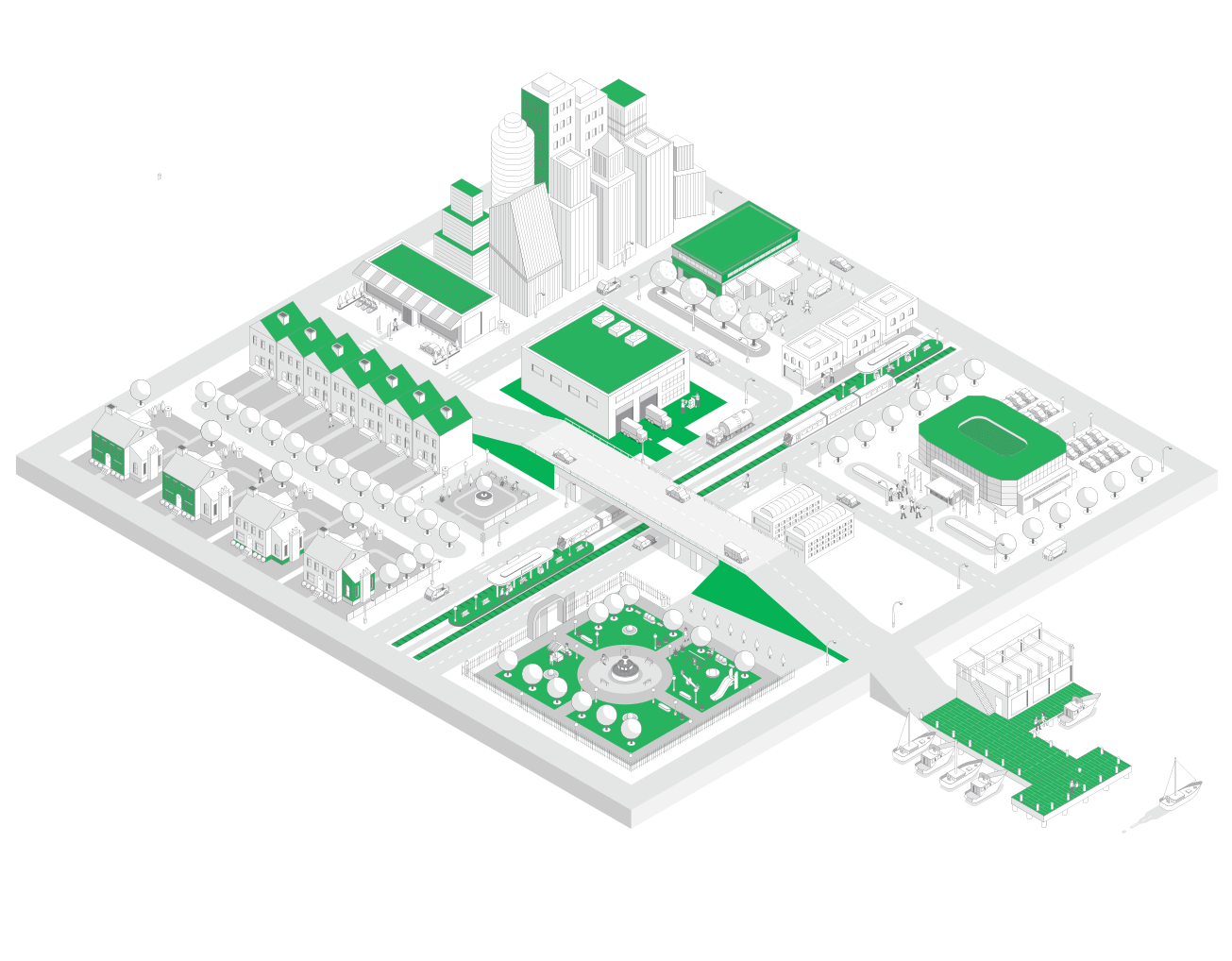 Our products in use shown in line drawing of city